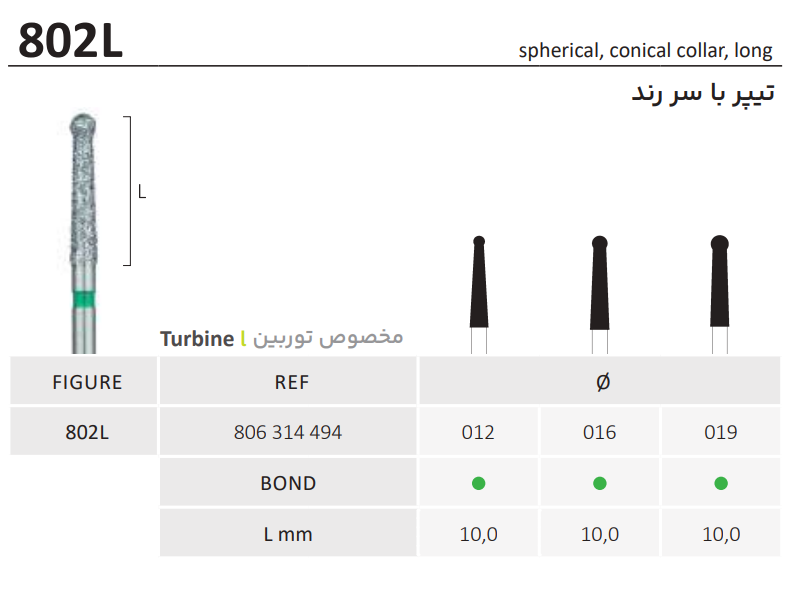 فرز الماسه  spherical conical collar long توربین 802L